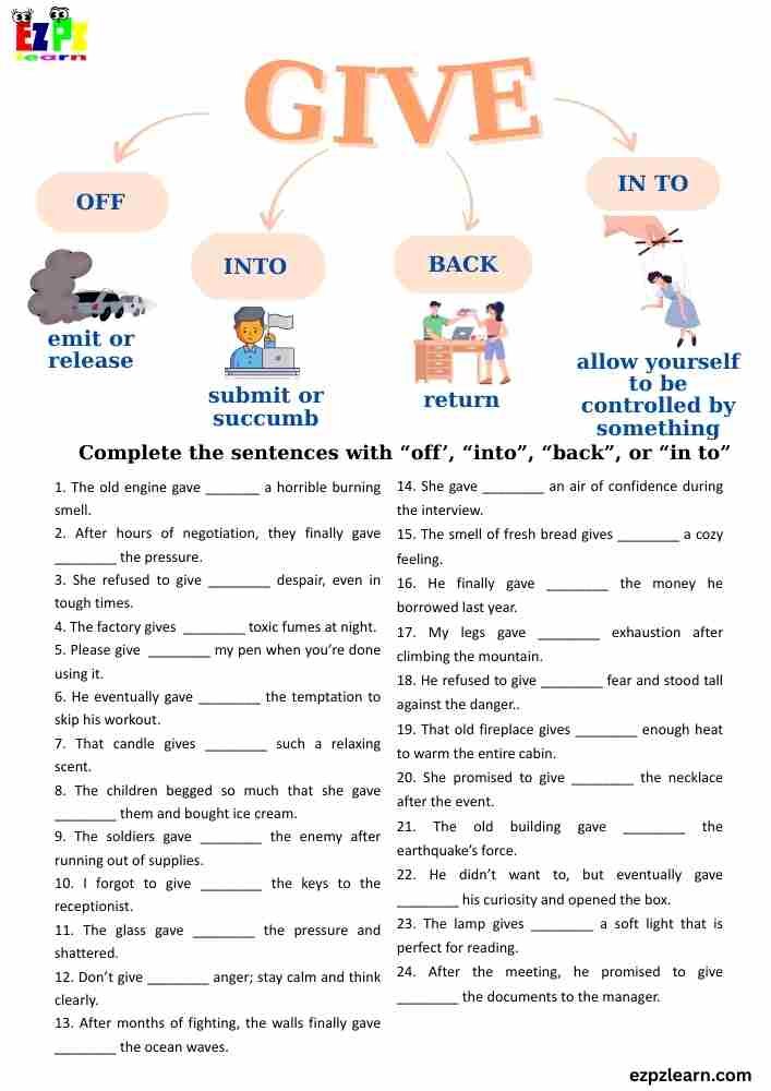  Phrasal Verbs with "Give" – 24 Sentence Worksheet | ESL Grammar Practice | Free PDF